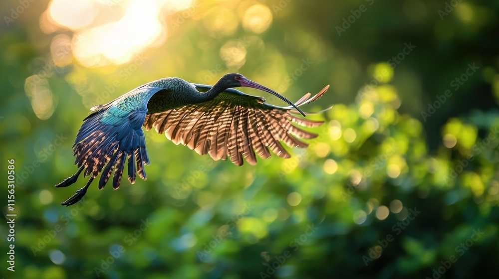 Glossy Ibis in flight, sunset, bokeh background. Glossy Ibis in flight, sunset, bokeh background.
