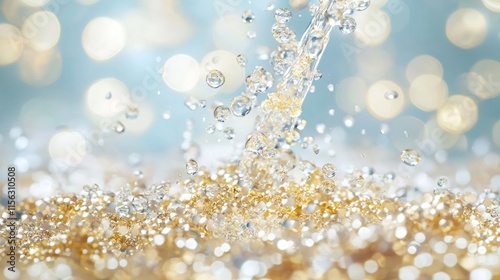 Sparkling water pouring, creating splashes and droplets on a shimmering, golden surface.