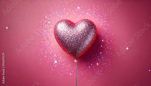 Romantic background, creative banner, web poster. Happy Valentine's Day. Pink glittery sparkle heart-shaped balloon grouped tightly together on the far left side of a soft light pink background.