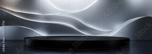 A futuristic black podium with LED lighting effects, against a simple, untextured white backdrop photo