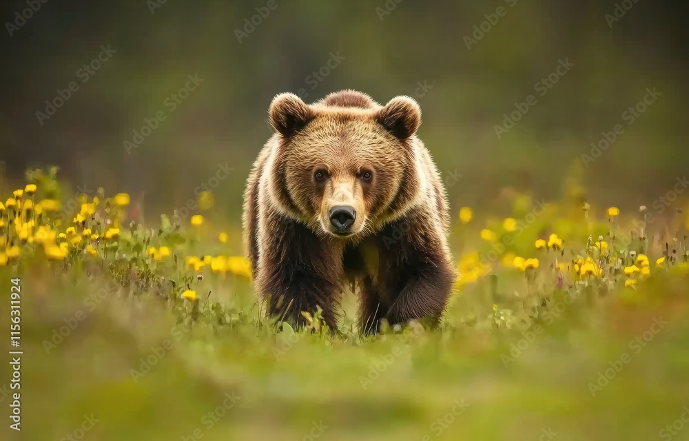 A large, powerful grizzly bear gracefully strolling through the lush green meadows of an open field in its natural habitat A large, powerful grizzly bear gracefully strolling through the lush green meadows of an open field in its natural habitat