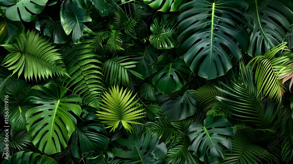 Fototapeta premium Large Tropical Plant Arrangement with Ferns, Monstera Leaves, and Greenery on Isolated Black Background, Aerial View, Natural Garden Setting, Top-Down Composition