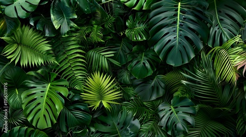 Large Tropical Plant Arrangement with Ferns, Monstera Leaves, and Greenery on Isolated Black Background, Aerial View, Natural Garden Setting, Top-Down Composition