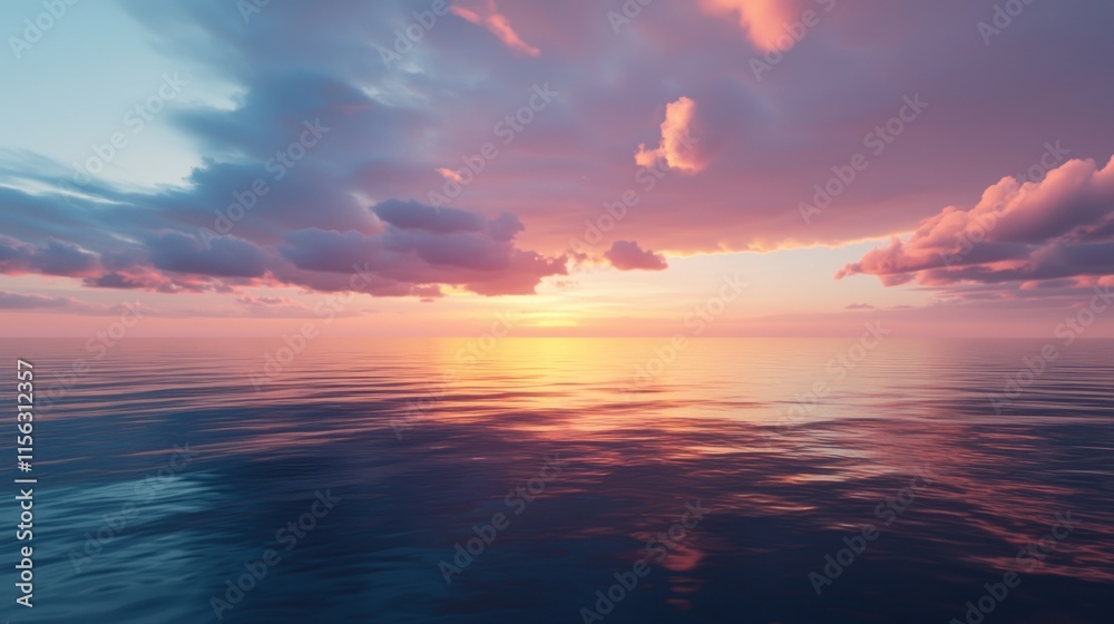Obraz premium Serene sunset over calm ocean water, pink and orange hues in sky and reflected on water surface.