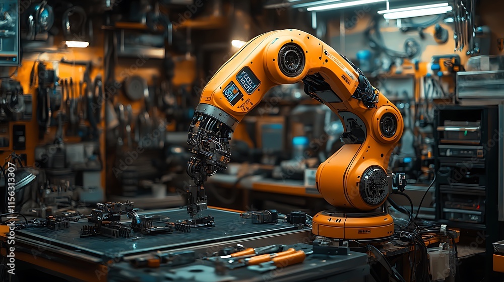 Orange Robotic Arm Assembling Circuit Boards In A Workshop Orange Robotic Arm Assembling Circuit Boards In A Workshop