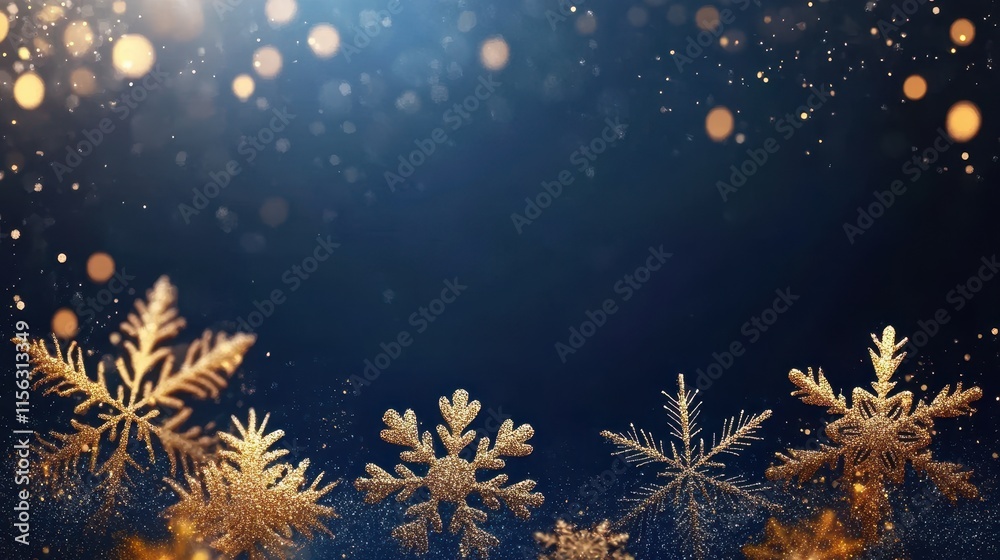 Obraz premium Sparkling Gold Glitter Snowflakes on Dark Blue Background Festive Christmas & Winter Holiday Design