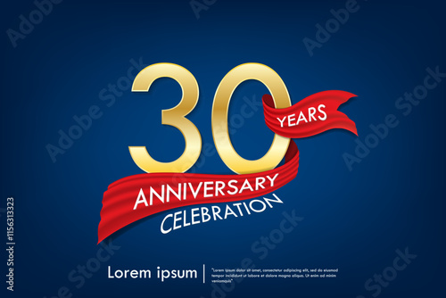 30th years anniversary celebration emblem. elegant golden anniversary logo isolated with red ribbon on dark blue background. vector illustration template design for web, flyers, poster, greeting