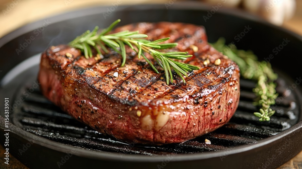 Steak serve idea. Juicy grilled steak with fresh herbs on a sizzling grill pan. Steak serve idea. Juicy grilled steak with fresh herbs on a sizzling grill pan.