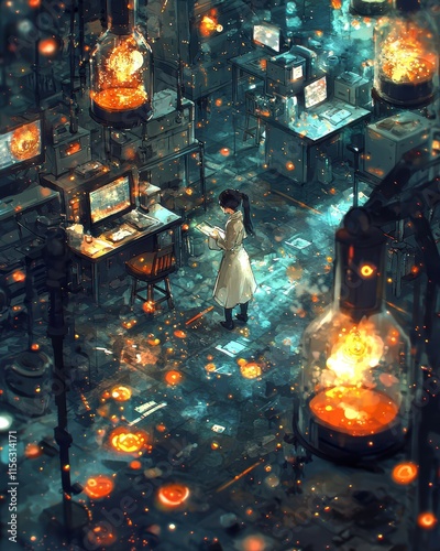 Mystic Laboratory with Glowing Orbs and a Figure in a White Coat