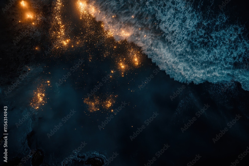Obraz premium Abstract Aerial View of Ocean Waves and Golden Sparkles at Night Dramatic Coastal Scene