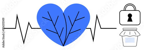 Blue heart with vein pattern, ECG heartbeat line, secure lock, and canned jar. Ideal for health, security, wellness, medical care secure storage love safety. Line metaphor