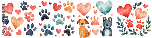 World spay day element, Watercolor paw prints and hearts with cute dogs and foliage, isolated on transparent background.