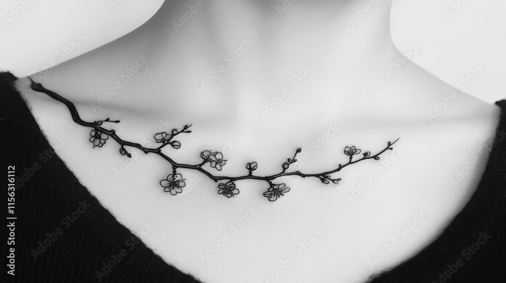 Intricate floral tattoo design on the neck, artistic monochrome style. Intricate floral tattoo design on the neck, artistic monochrome style.