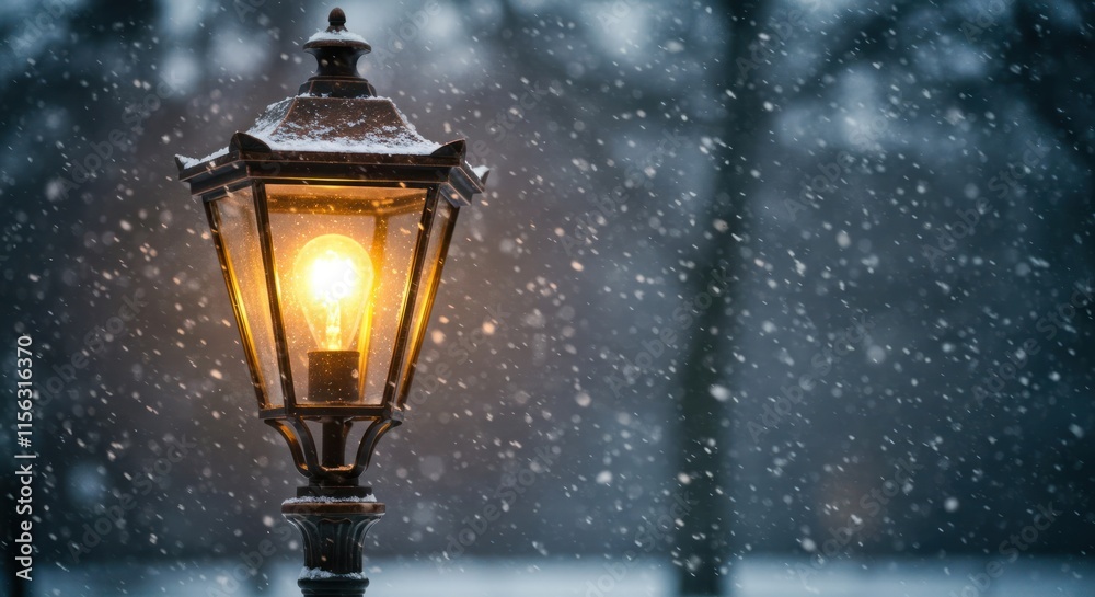 Illuminated Lantern During Winter Snowfall Illuminated Lantern During Winter Snowfall