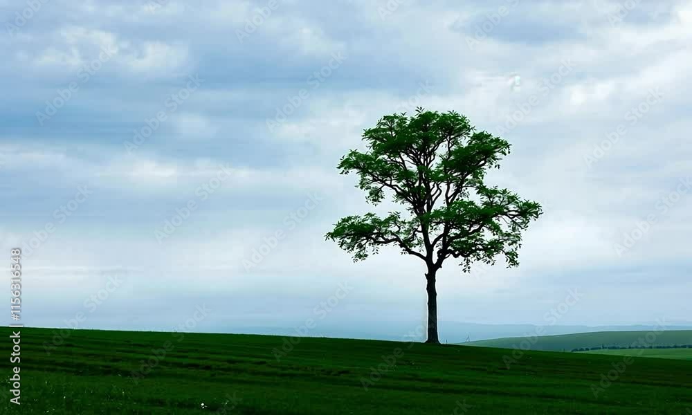 Solitary Tree on Lush Green Hill, Perfect for Nature Photography, Calming Landscape Wall Art Solitary Tree on Lush Green Hill, Perfect for Nature Photography, Calming Landscape Wall Art