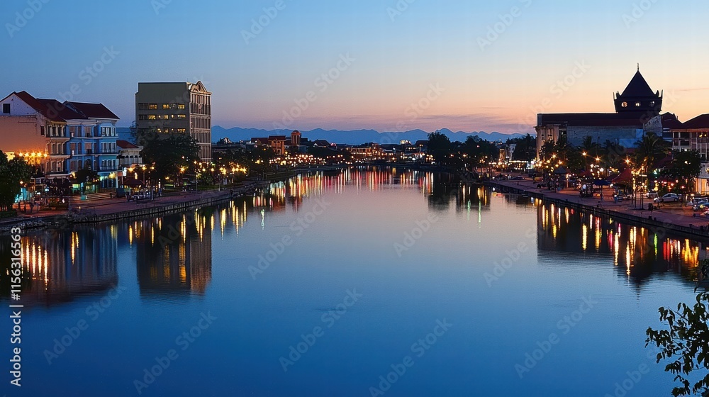 Obraz premium Serene Twilight over Calm River with Reflections and Charming Lights