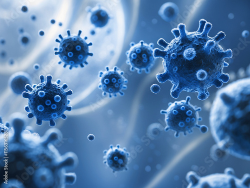 Microscopic view of blue spherical particles, resembling cells or viruses, suspended in a fluid-like environment.