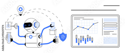 AI robot multitasking with test tube, lightbulb, mobile phone, shield, box alongside digital dashboard displaying graphs and data. Ideal for AI, automation, technology, data analysis, multitasking