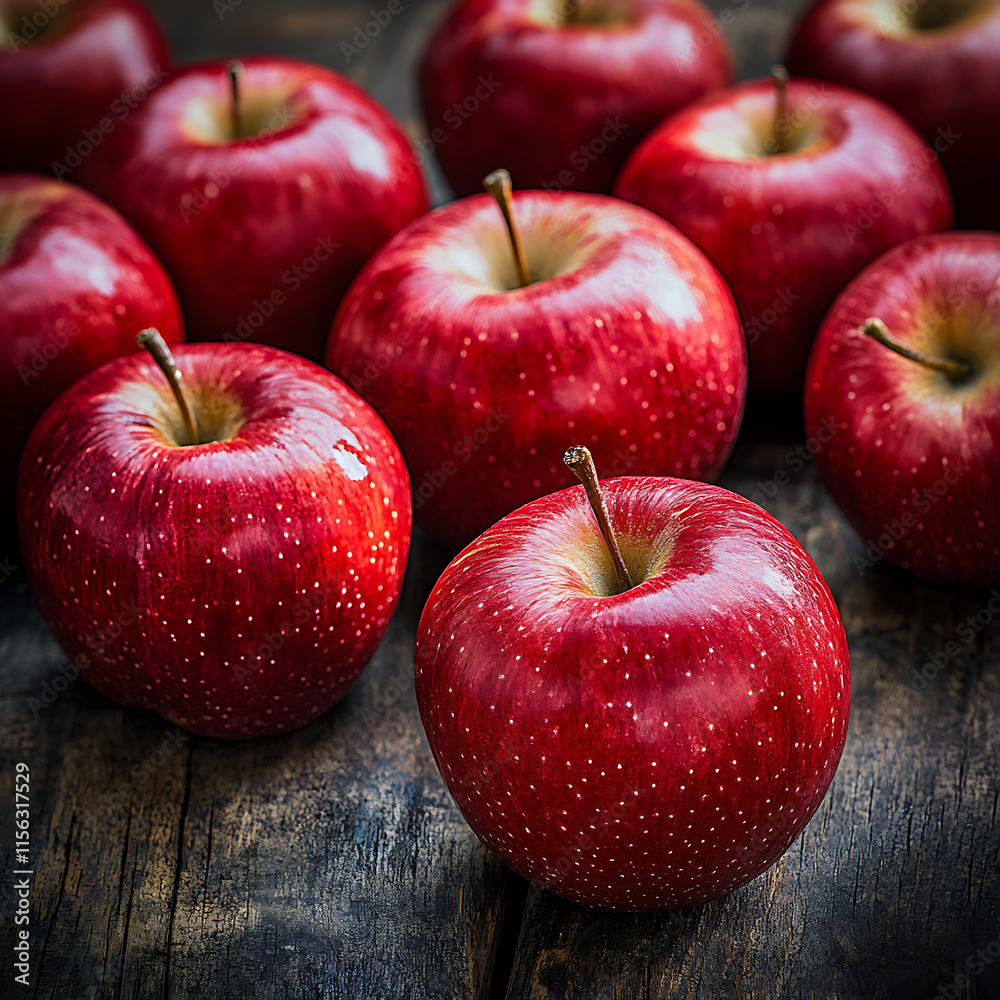 A high-resolution image of fresh red apples neatly arranged on a rustic wooden table, natural lighting, vibrant colors, 16:9 aspect ratio. A high-resolution image of fresh red apples neatly arranged on a rustic wooden table, natural lighting, vibrant colors, 16:9 aspect ratio.