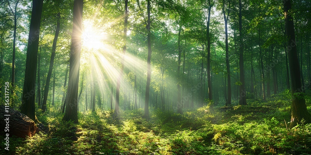 Fototapeta premium Serene Forest Scene with Beautiful Rays of Sunlight Streaming Through Lush Green Trees and Vibrant Underbrush in a Tranquil Setting