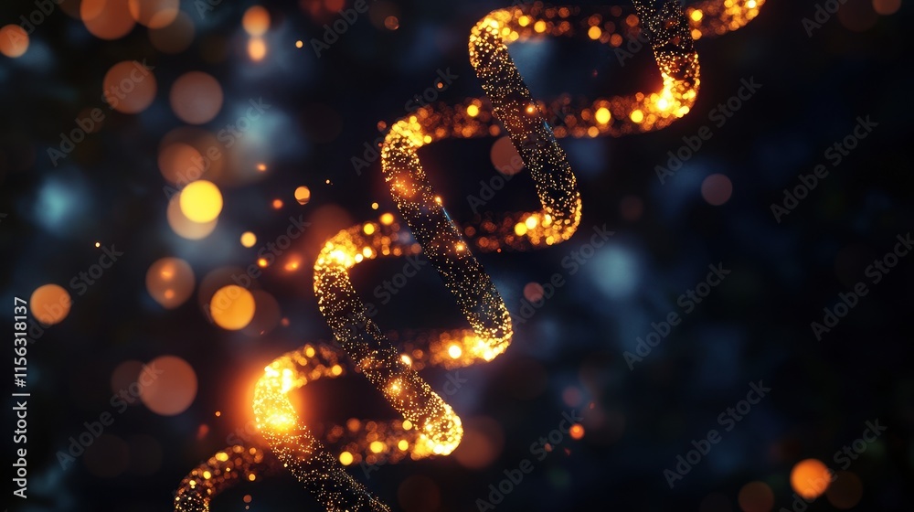 Luminous Golden DNA Helix Abstract 3D Render of Glowing Genetic Code in Dark Background with Bokeh Lights Luminous Golden DNA Helix Abstract 3D Render of Glowing Genetic Code in Dark Background with Bokeh Lights