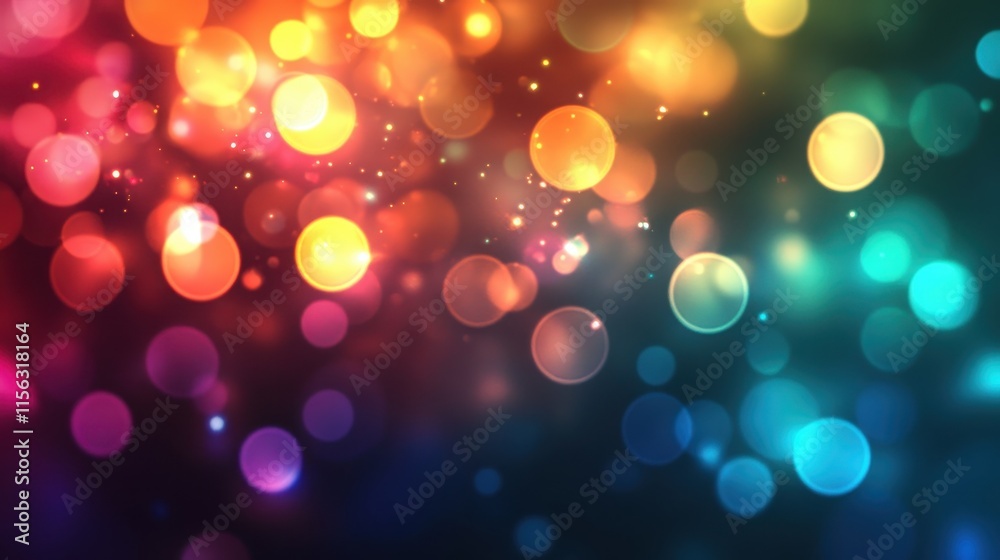Abstract Colorful Bokeh Background Vibrant Gradient of Red, Orange, Yellow, Teal, and Purple Lights - Perfect for Festive Designs and Digital Art