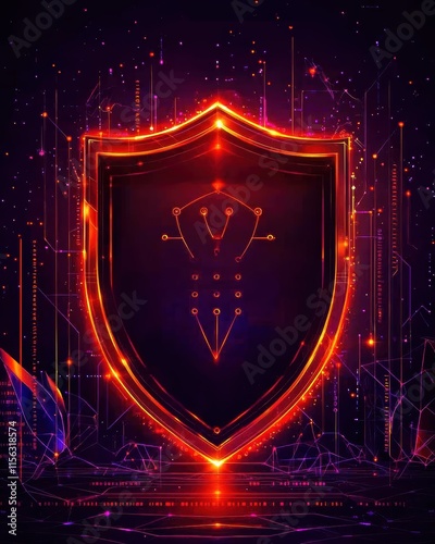 Abstract Digital Shield with Glowing Neon Effects and Patterns