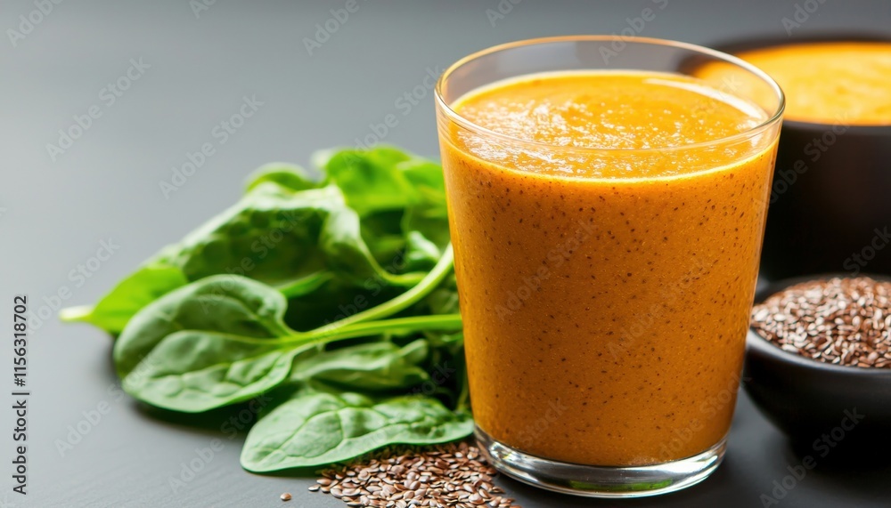 A vibrant smoothie made with spinach, flaxseeds, and other ingredients, served in a glass alongside fresh spinach and chia seeds. A vibrant smoothie made with spinach, flaxseeds, and other ingredients, served in a glass alongside fresh spinach and chia seeds.