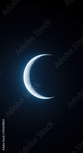 A crescent moon shines brightly in the night sky