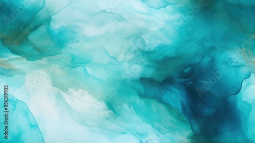 Abstract watercolor painting in blue and teal shades, flowing textures and soft gradients, perfect for modern art applications and creative designs