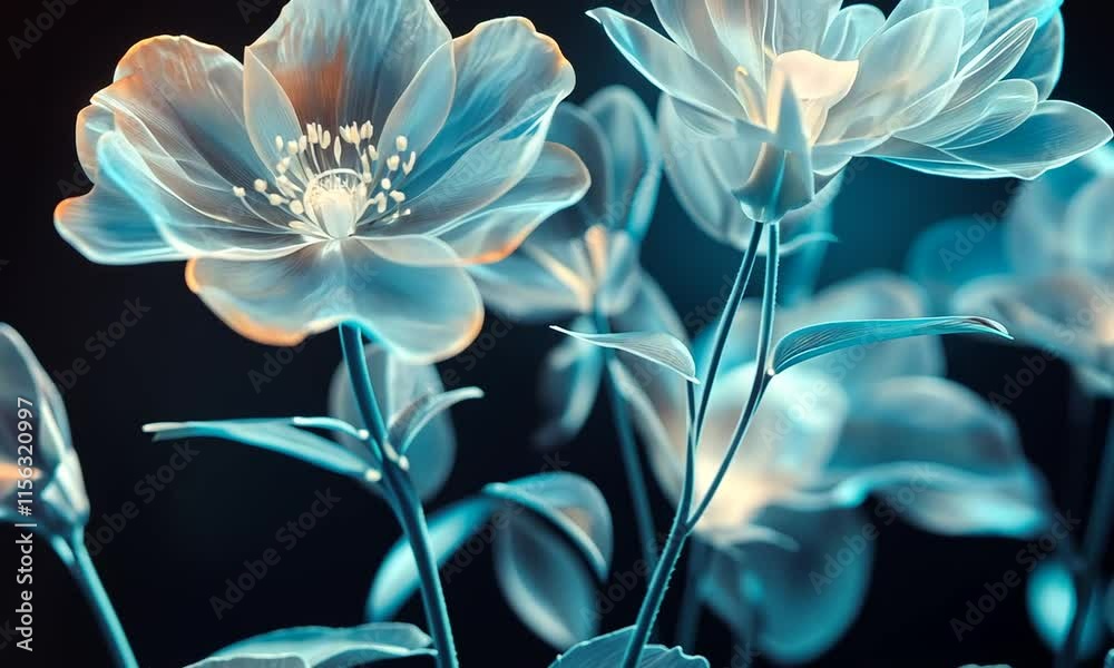 Ethereal flowers with a glowing, translucent appearance against a dark background. Ethereal flowers with a glowing, translucent appearance against a dark background.