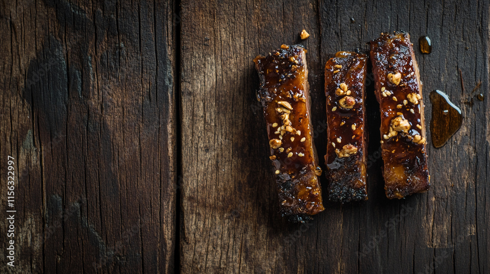 Savory grilled meat glazed with sauce and garnished on rustic wooden surface. Savory grilled meat glazed with sauce and garnished on rustic wooden surface.