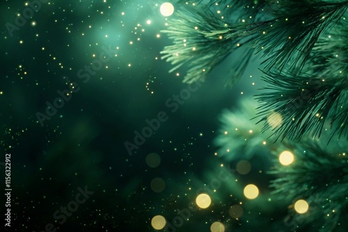 Soft glowing golden light bokeh effect on dark green pine background for magical holiday wallpaper background photo