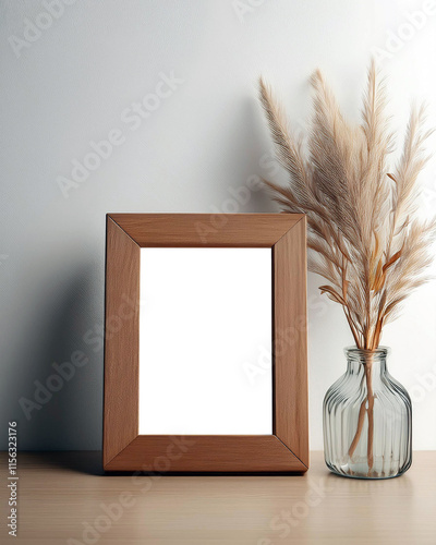 Empty Wooden Photo Frame Kept On Wooden Table Surface With White Wall Background