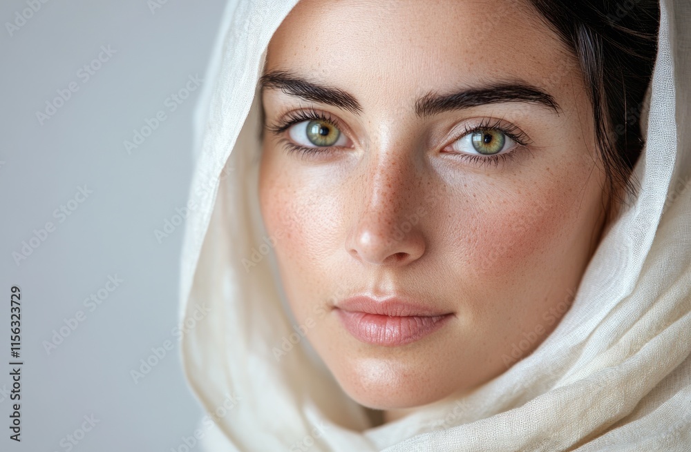Portrait of a beautiful woman with a white headscarf and emerald eyes, close-up, wearing a traditional Arabian dress and jewelry on a beige background, in a white color palette. Portrait of a beautiful woman with a white headscarf and emerald eyes, close-up, wearing a traditional Arabian dress and jewelry on a beige background, in a white color palette.