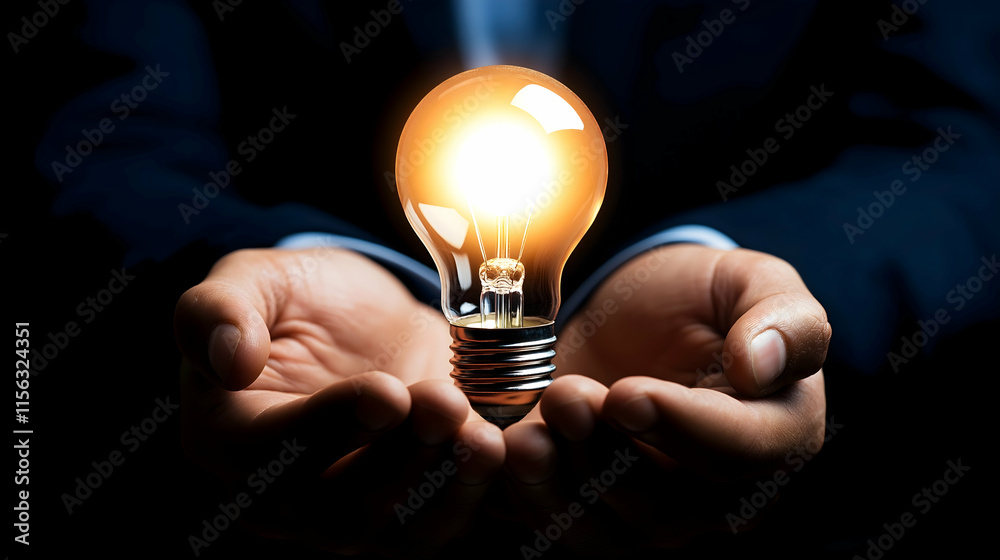 A glowing light bulb held between two hands symbolizes innovation, ideas, and inspiration. A glowing light bulb held between two hands symbolizes innovation, ideas, and inspiration.