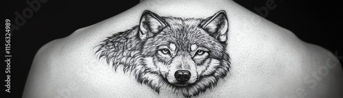 Artistic wolf tattoo design on the back of a person, black and white artistry. photo