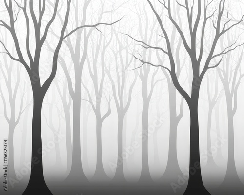 A minimalist illustration of a foggy forest with bare trees, creating a mysterious and atmospheric scene. Ideal for backgrounds or themes related to nature and solitude. photo