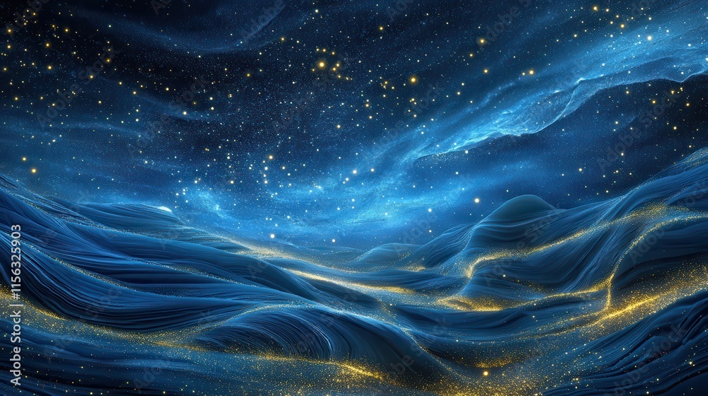 Fototapeta premium Celestial Landscape Abstract 3D Render of Wavy Blue and Gold Stardust, Night Sky Background