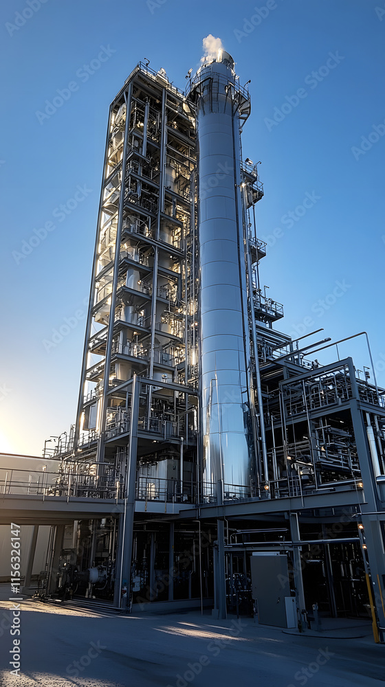 A tall industrial distillation tower with intricate metal structures and piping illuminated by the morning sun highlights energy production. A tall industrial distillation tower with intricate metal structures and piping illuminated by the morning sun highlights energy production.