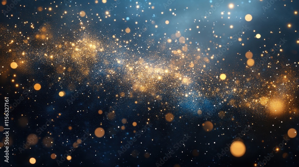 Fototapeta premium Sparkling Gold and Blue Glitter Background Festive, Elegant Texture with Shimmering Lights and Bokeh for Holiday Designs