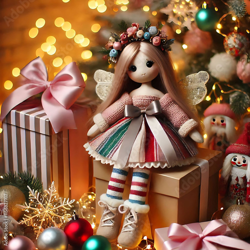 Adorable Doll with Decorated Christmas Gifts