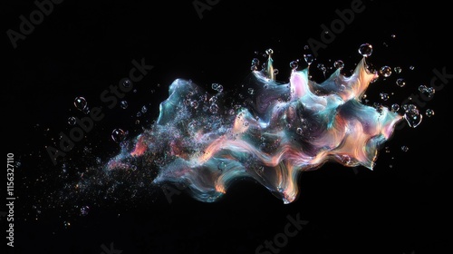 Abstract iridescent soap bubbles exploding with glitter and light trails on a black background.