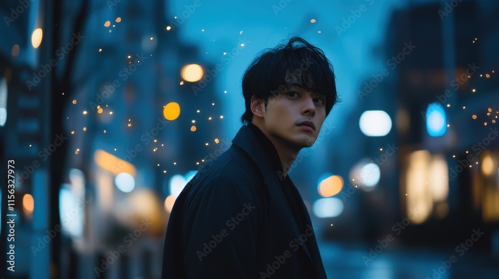 Fototapeta premium Pensive Young Man in Dark Coat Amidst City Lights at Night - Atmospheric Portrait Photography