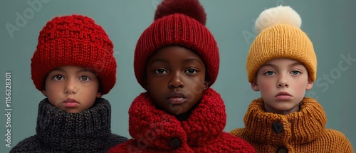 Cozy Winter Portrait of Children in Colorful Knitted Hats and Sweaters Against a Neutral Background