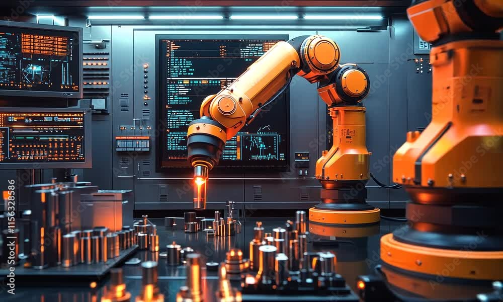 Futuristic Robotic Arm in a High-Tech Factory Setting Futuristic Robotic Arm in a High-Tech Factory Setting
