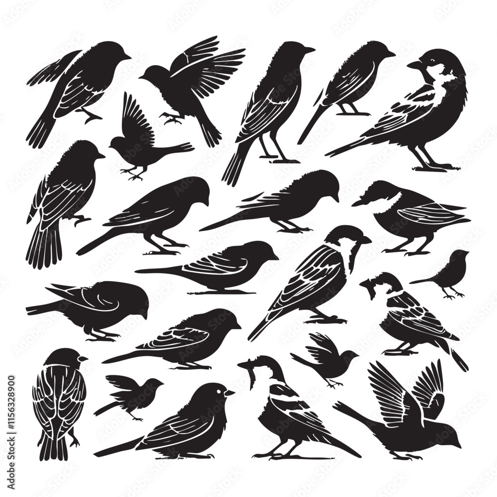 Obraz premium Silhouette set of sparrows on white background