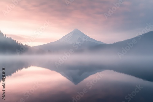 A minimalist shot of Mt. Hoodâ€™s peak in the distance, perfectly reflected in the calm waters of Trillium Lake as the sun rises, painting the sky with pastel colors photo