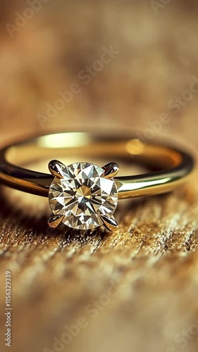 Ring with sparkling diamond sits elegantly on a rustic wooden surface reflecting light beautifully in soft natural tones