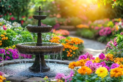 Fototapeta Naklejka Na Ścianę i Meble -  A stone fountain in a beautiful garden setting with colorful flowers and a winding stone path.